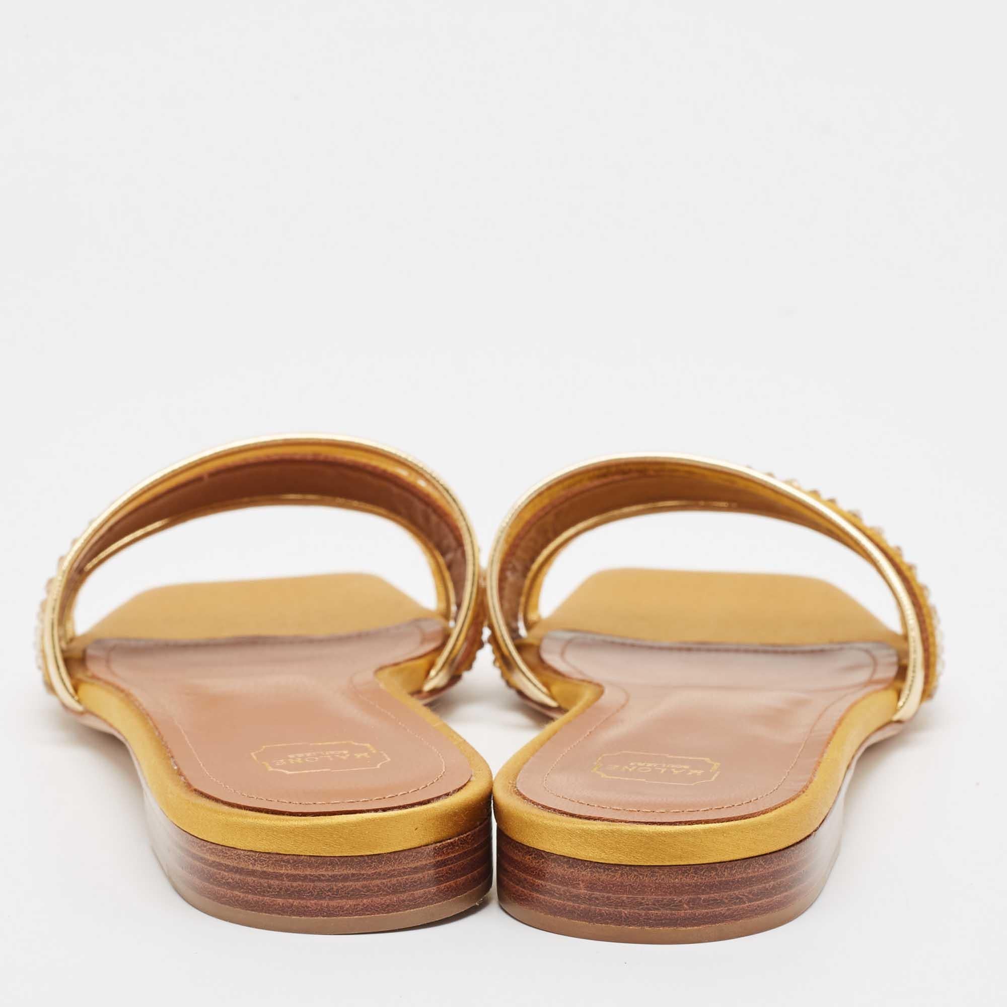 Women's Malone Souliers Gold Leather Satin Rosa Flat Sandals Size 36.5 For Sale