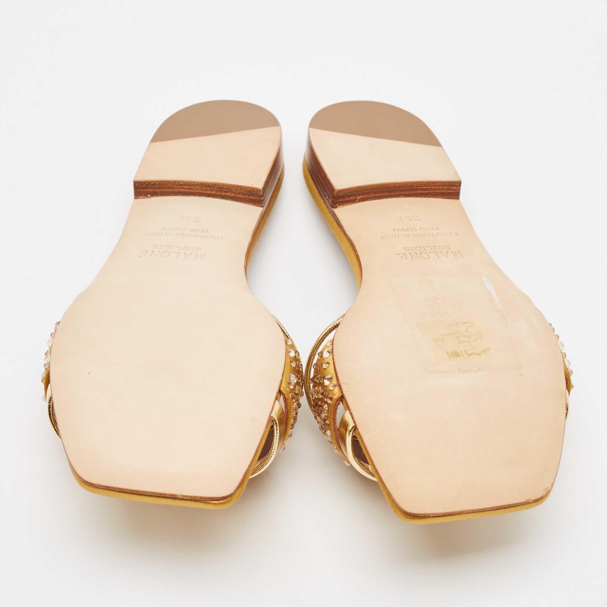 Malone Souliers Gold Leather Satin Rosa Flat Sandals Size 36.5 For Sale 1