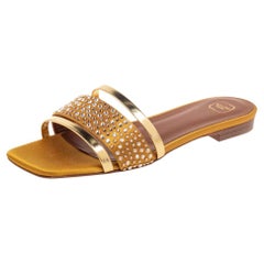 Malone Souliers flache Sandalen aus goldenem/gelbem Satin und Leder mit Kristall, Größe 36,5