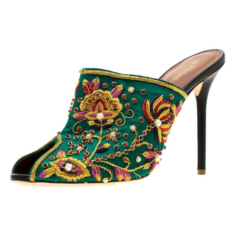 Malone Souliers Green Floral Embroidered Satin Peep Toe Mules Size 40 ...