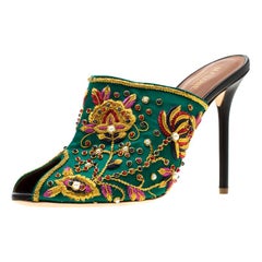 Malone Souliers Green Floral Embroidered Satin Peep Toe Mules Size 40