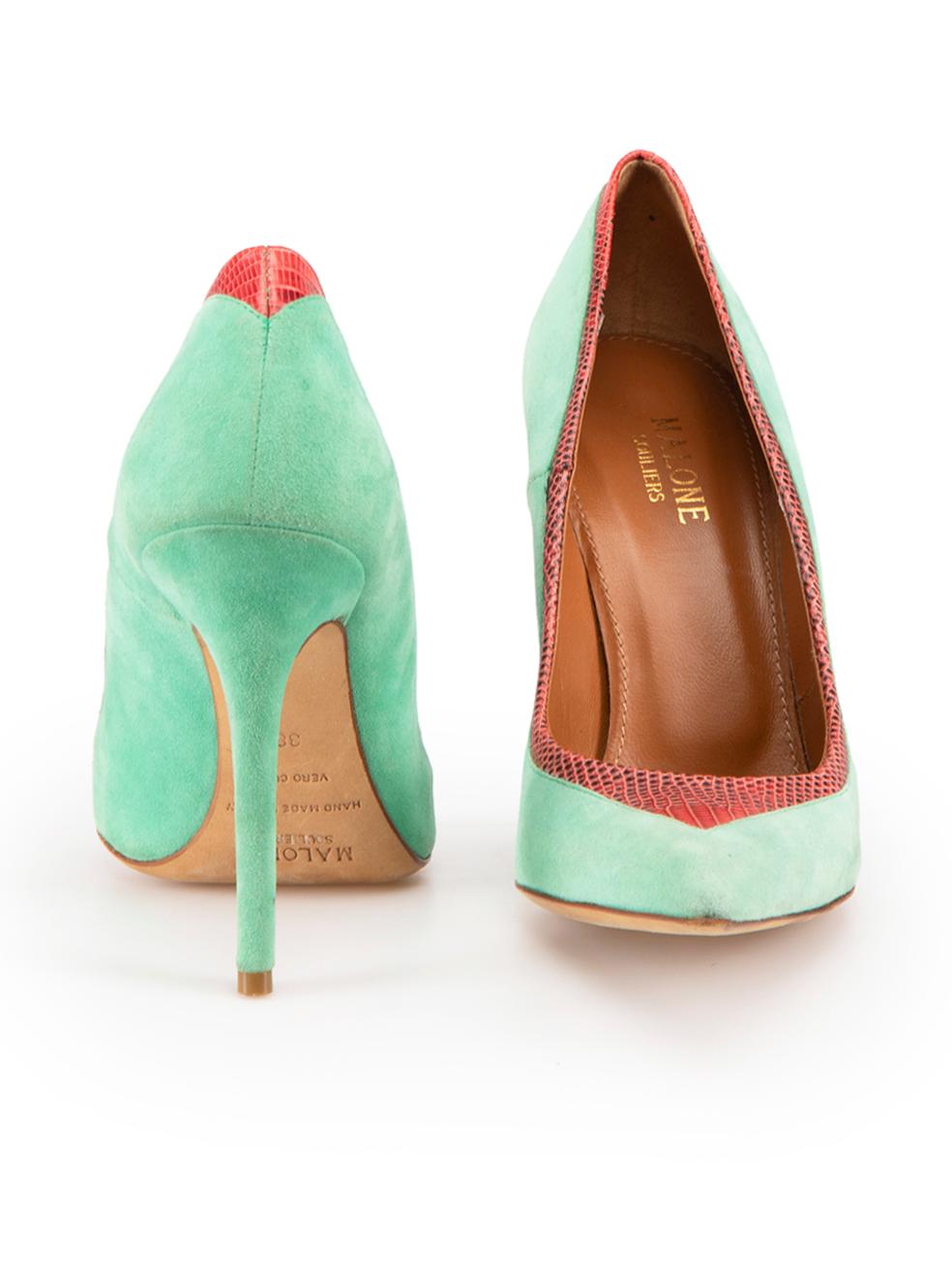 Malone Souliers Green Suede Point Toe Heels Size IT 38 In Good Condition For Sale In London, GB
