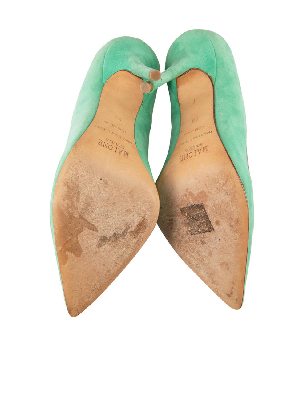 Women's Malone Souliers Green Suede Point Toe Pumps Size IT 38 For Sale