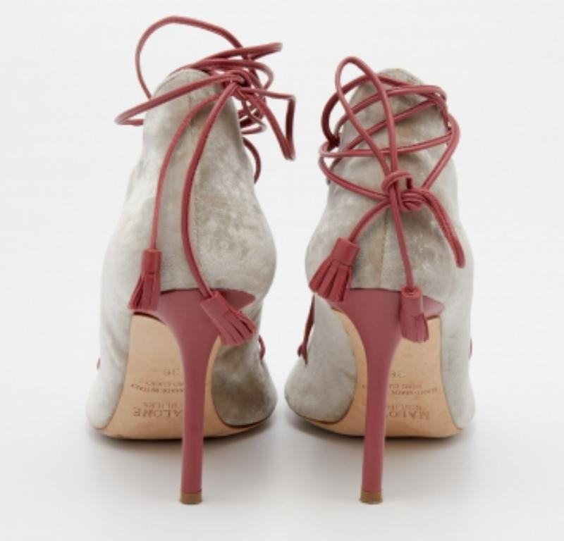 Malone Souliers Grau/Rosa Samt und Leder Savannah Knöchel Wickelsandalen Größe 36 im Angebot 1