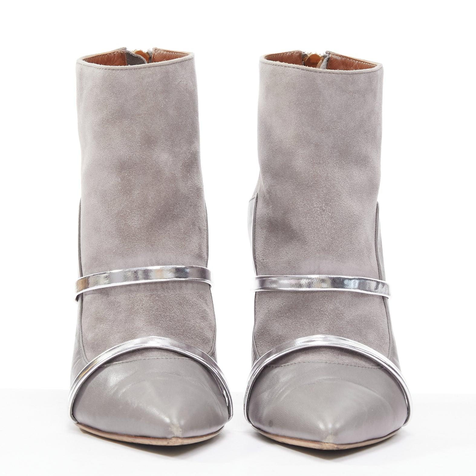 Argent MALONE SOULIERS bottines à talons en daim gris avec lanières en vernis argenté EU37 en vente