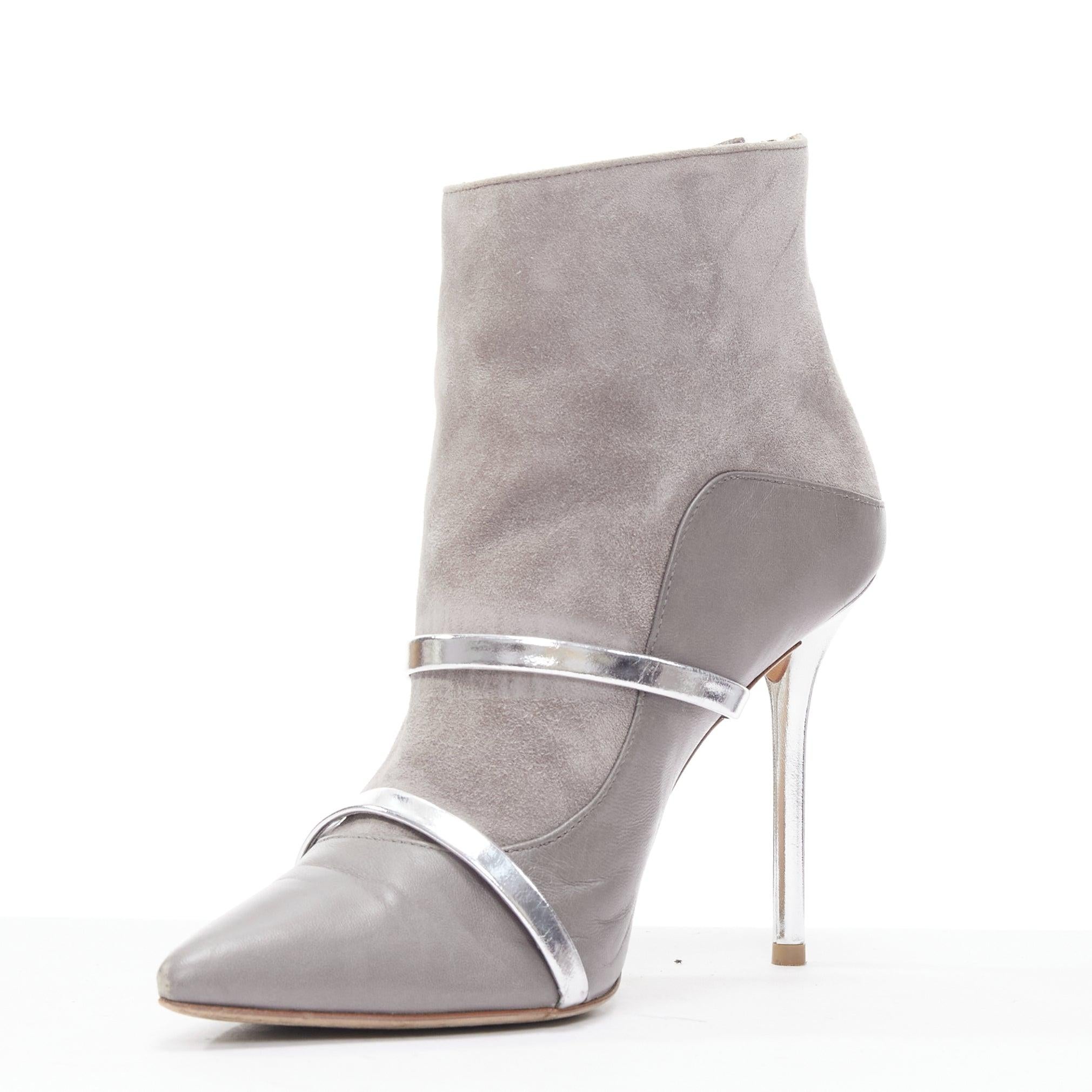 MALONE SOULIERS bottines à talons en daim gris avec lanières en vernis argenté EU37 État moyen - En vente à Hong Kong, NT