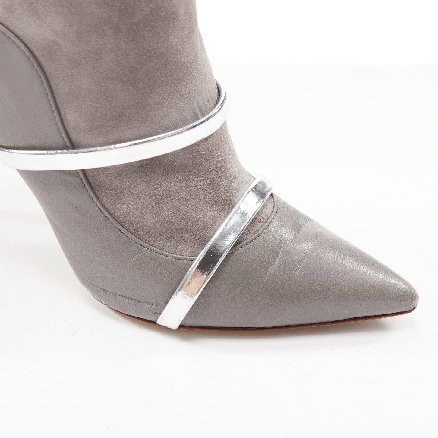MALONE SOULIERS bottines à talons en daim gris avec lanières en vernis argenté EU37 en vente 2