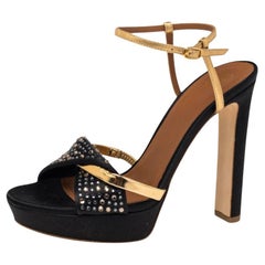 Malone Souliers Lauren Black/Gold Satin Embellished Platform Sandals Size 37