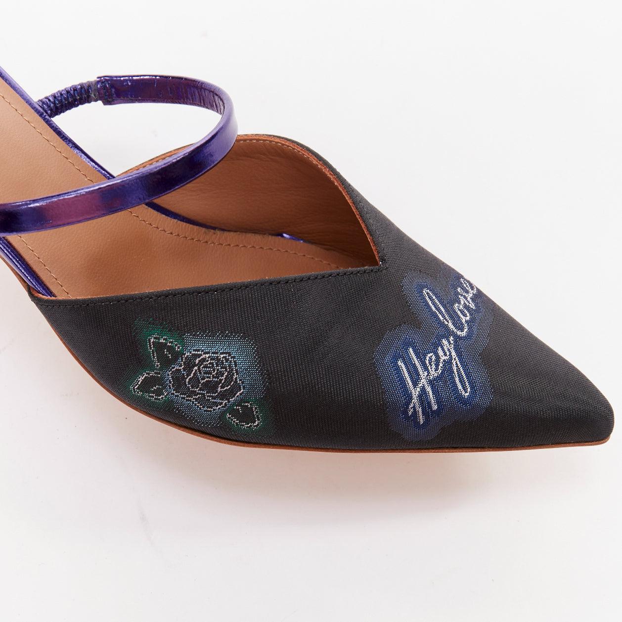 MALONE SOULIERS Marla Hey Lover blu nero broccato satin strapped mules EU37 in vendita 2