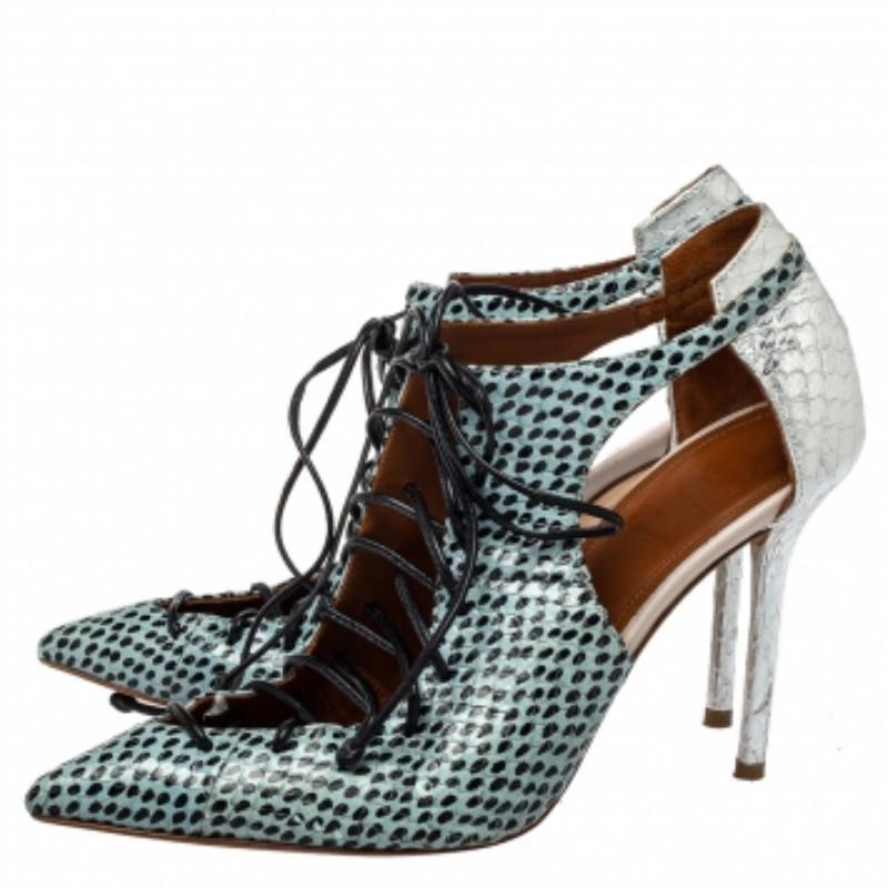 Black Malone Souliers Multicolor Python Montana Pointed Toe Lace Up Booties Size 37 For Sale
