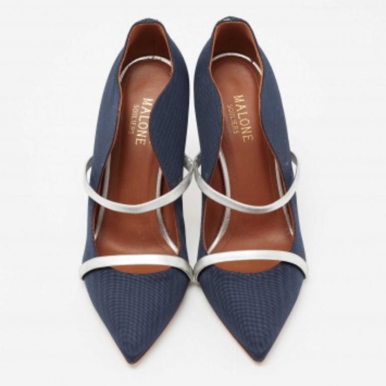 Malone Souliers escarpins Maureen bleu marine/argenté en toile moire et cuir, taille 38 Bon état - En vente à Dubai, Al Qouz 2