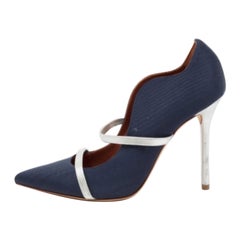 Malone Souliers Navy Blue/Silver Moire Canvas and Leather Maureen Pumps Size 38