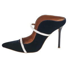 Malone Souliers Navy Blue/Silver Velvet and Leather Maureen Mules Size 41