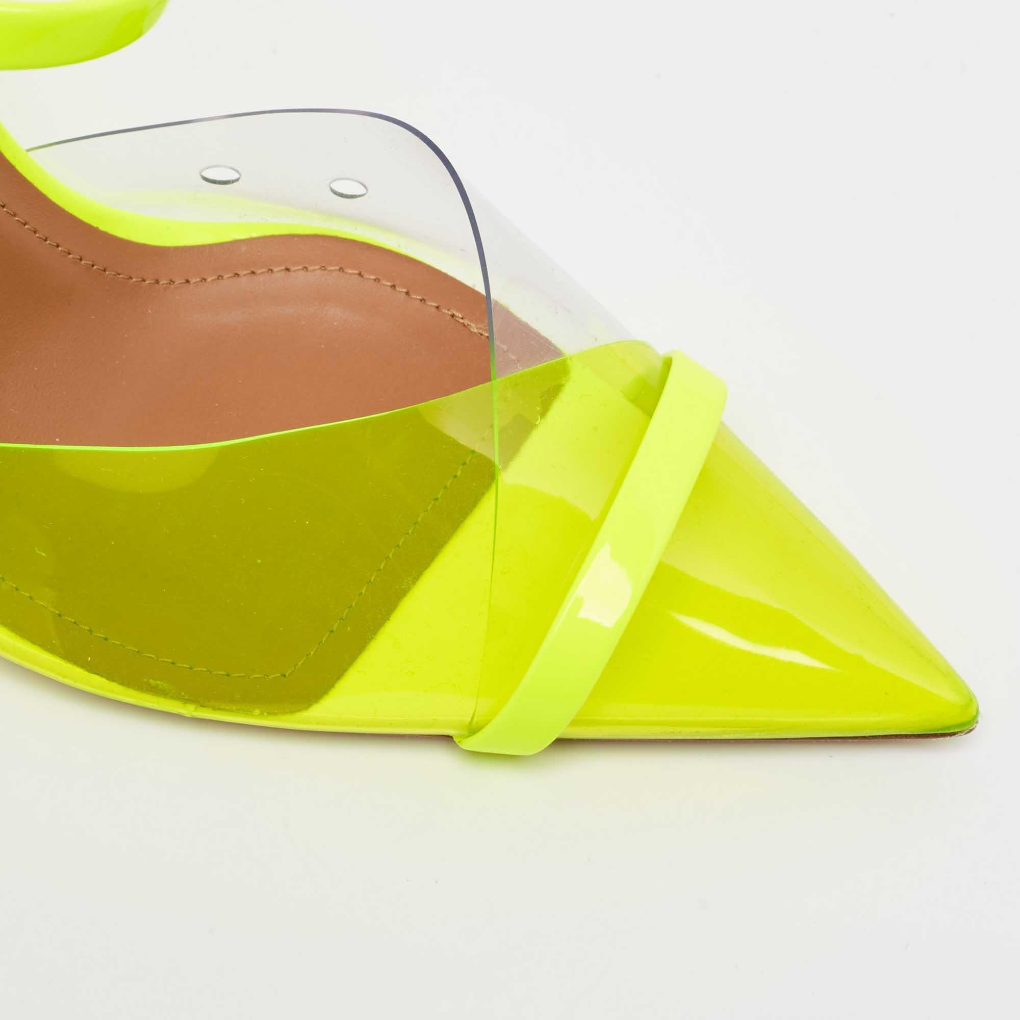 Malone Souliers Neon Green PVC and Patent Leather Iona Mules Size 38.5 In Excellent Condition For Sale In Dubai, Al Qouz 2