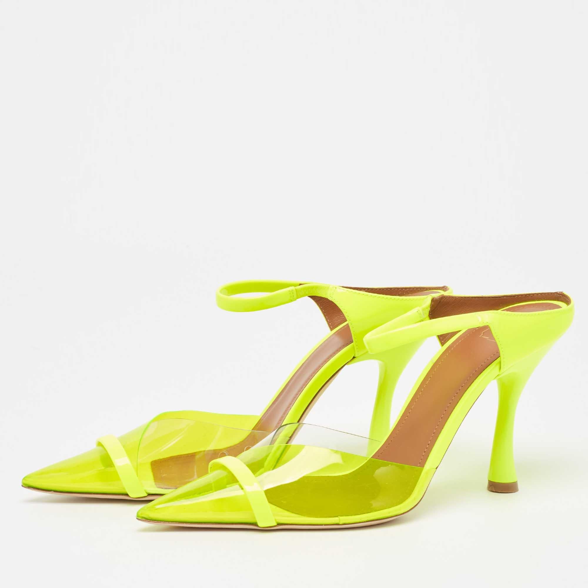 Malone Souliers Neon Green PVC and Patent Leather Iona Mules Size 38.5 For Sale 1