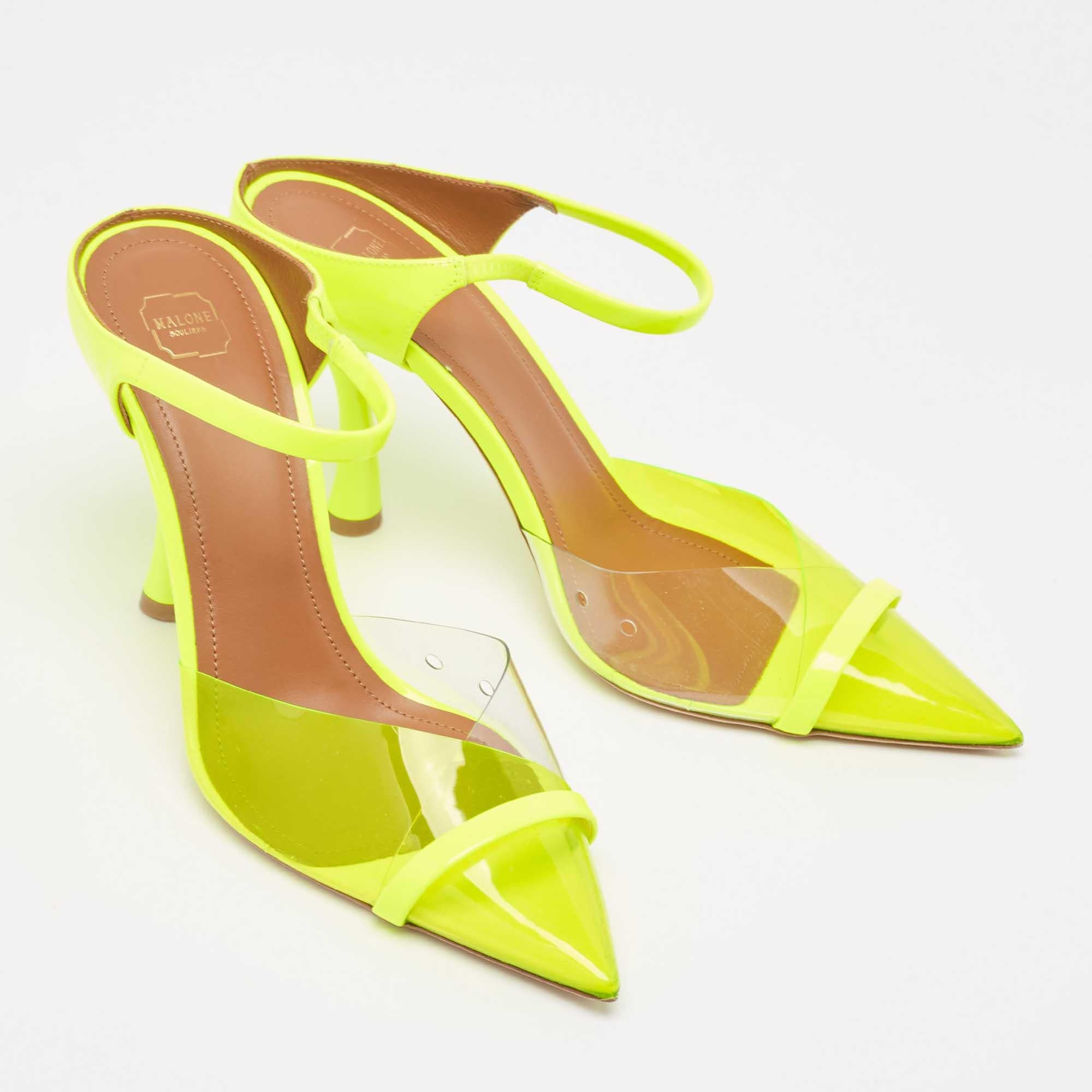 Malone Souliers Neon Green PVC and Patent Leather Iona Mules Size 38.5 For Sale 2