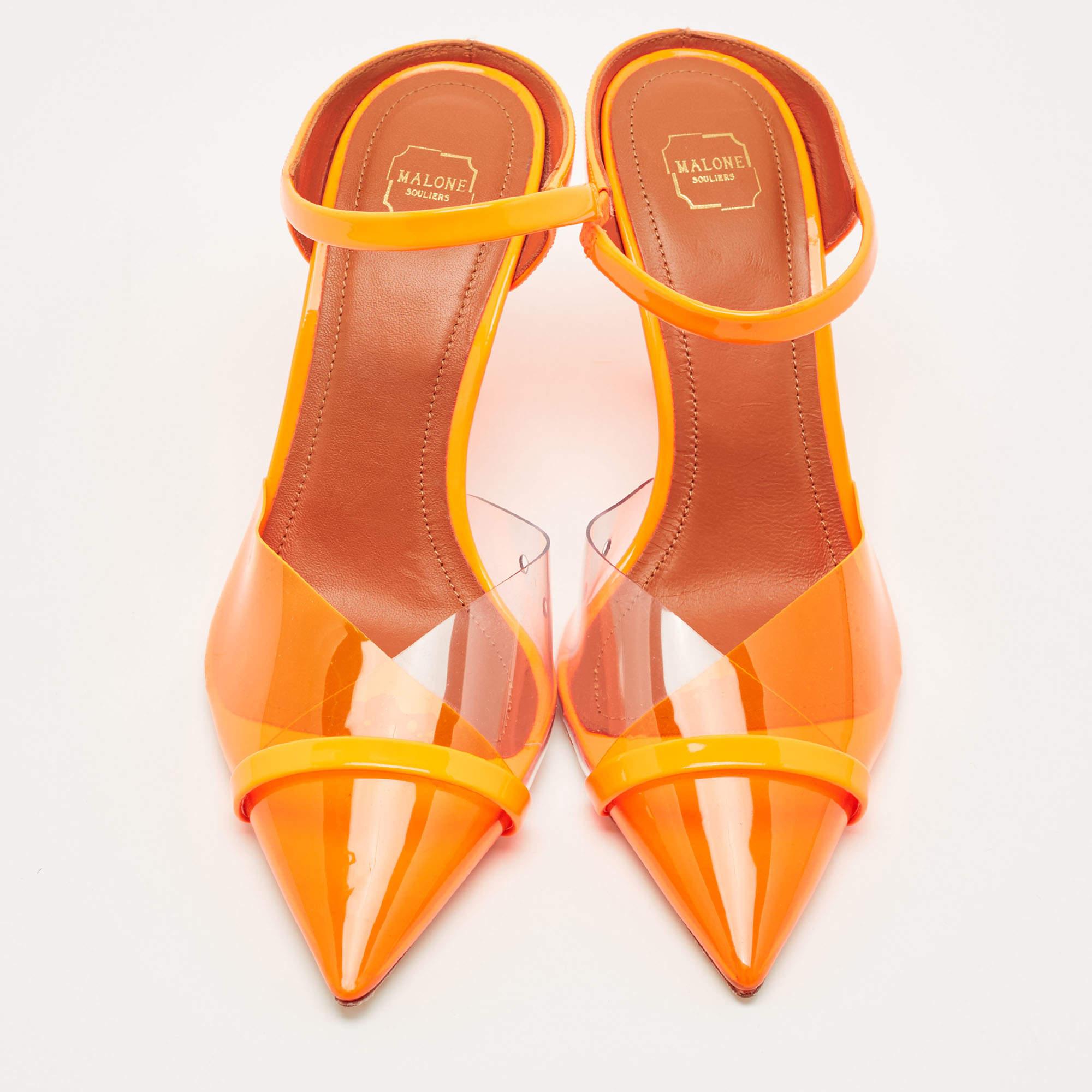 Malone Souliers Neon Orange PVC and Patent Leather Lona Mules Size 36 In New Condition In Dubai, Al Qouz 2
