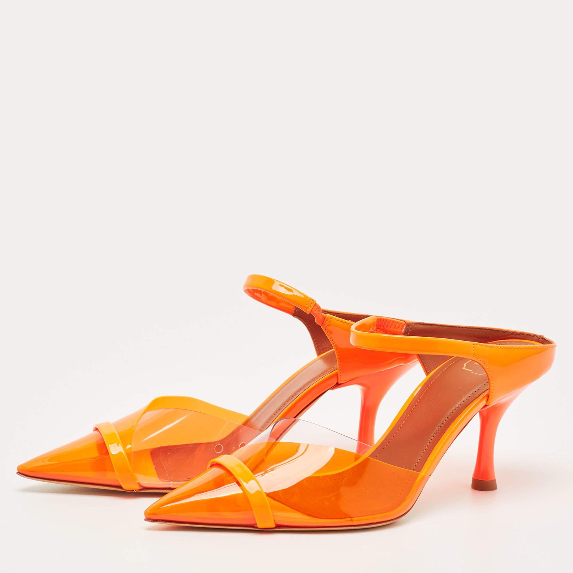 Women's Malone Souliers Neon Orange PVC and Patent Leather Lona Mules Size 36