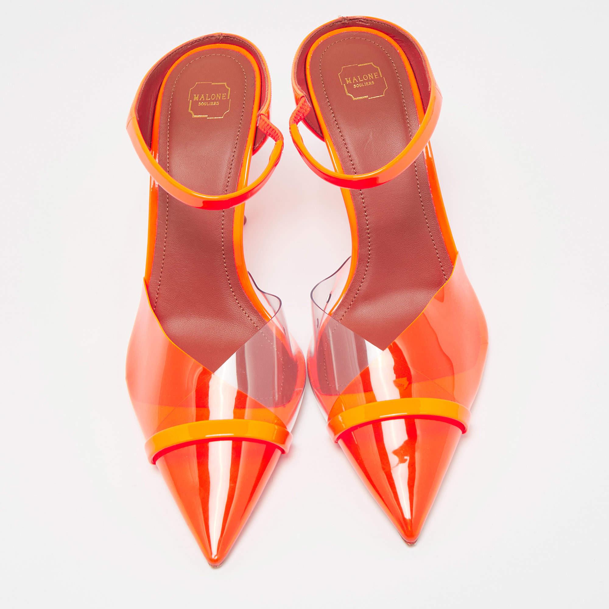 Malone Souliers Neon Orange PVC and Patent Leather Lona Mules Size 39.5 In New Condition For Sale In Dubai, Al Qouz 2