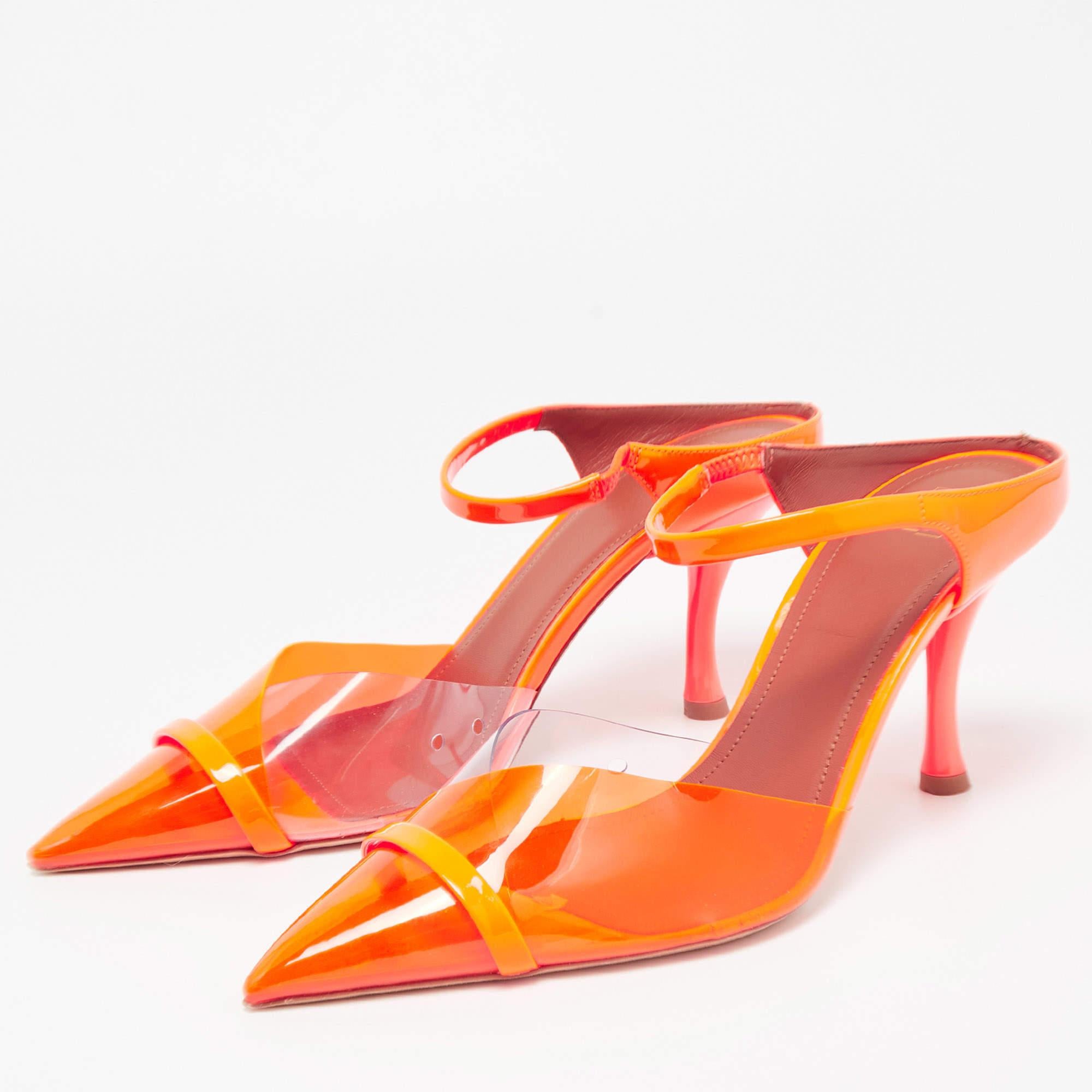Malone Souliers Neon Orange PVC and Patent Leather Lona Mules Size 39.5 For Sale 5