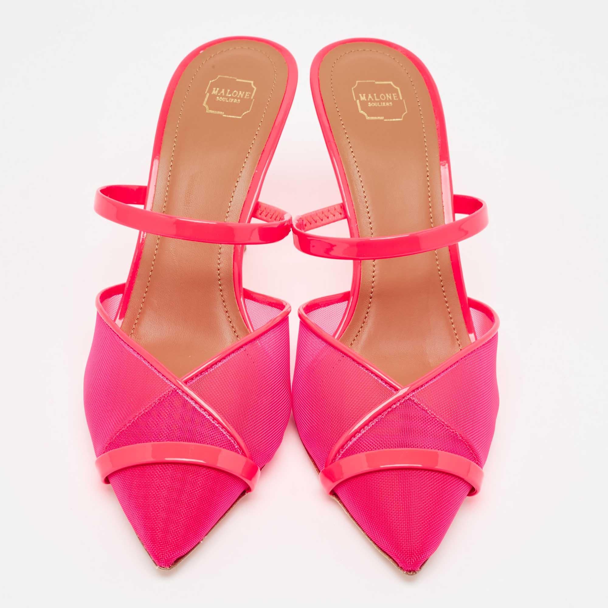Malone Souliers Neonrosa Mesh und Lackleder Clio Pantoletten Größe 39 (Pink) im Angebot