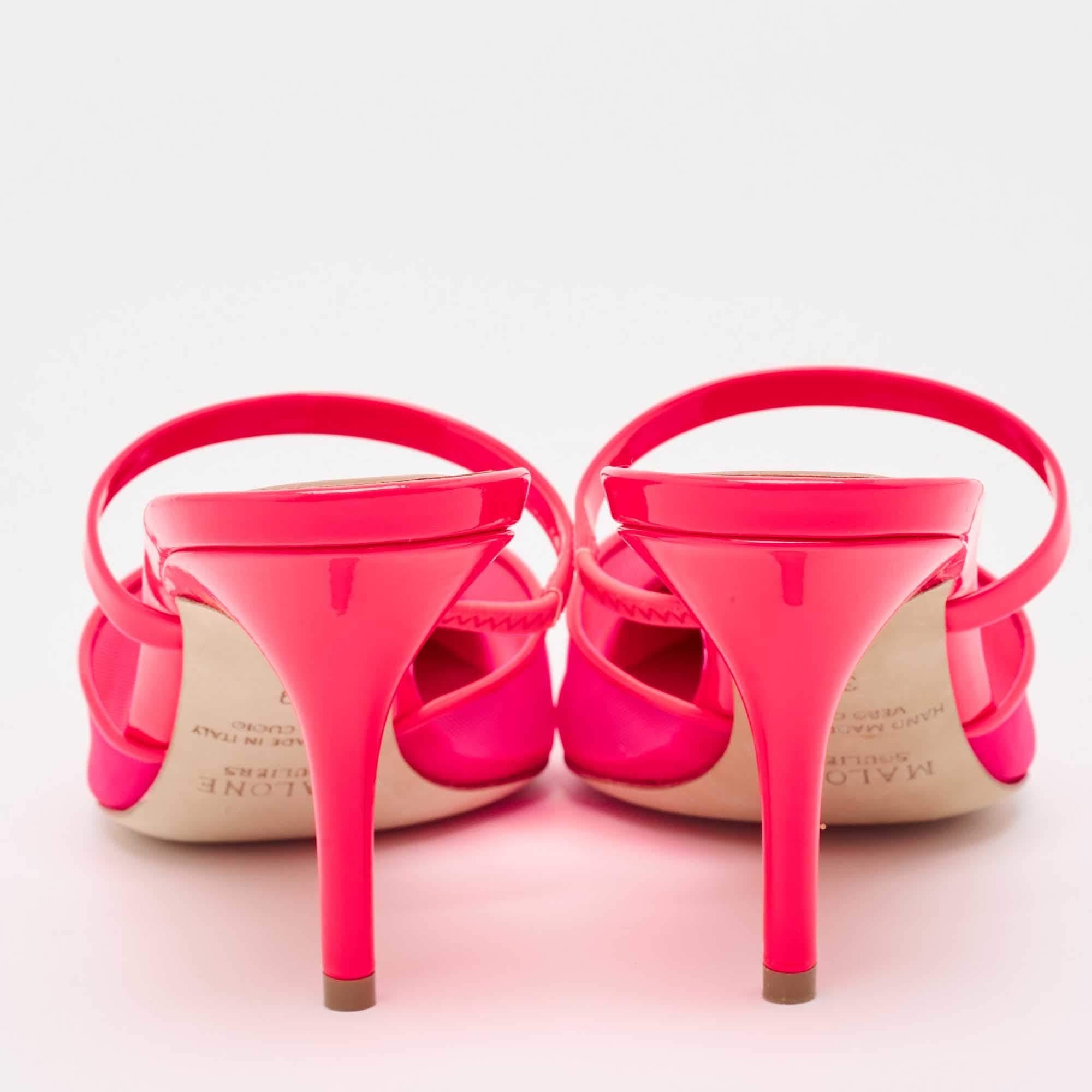 Malone Souliers Neonrosa Mesh und Lackleder Clio Pantoletten Größe 39 Damen im Angebot