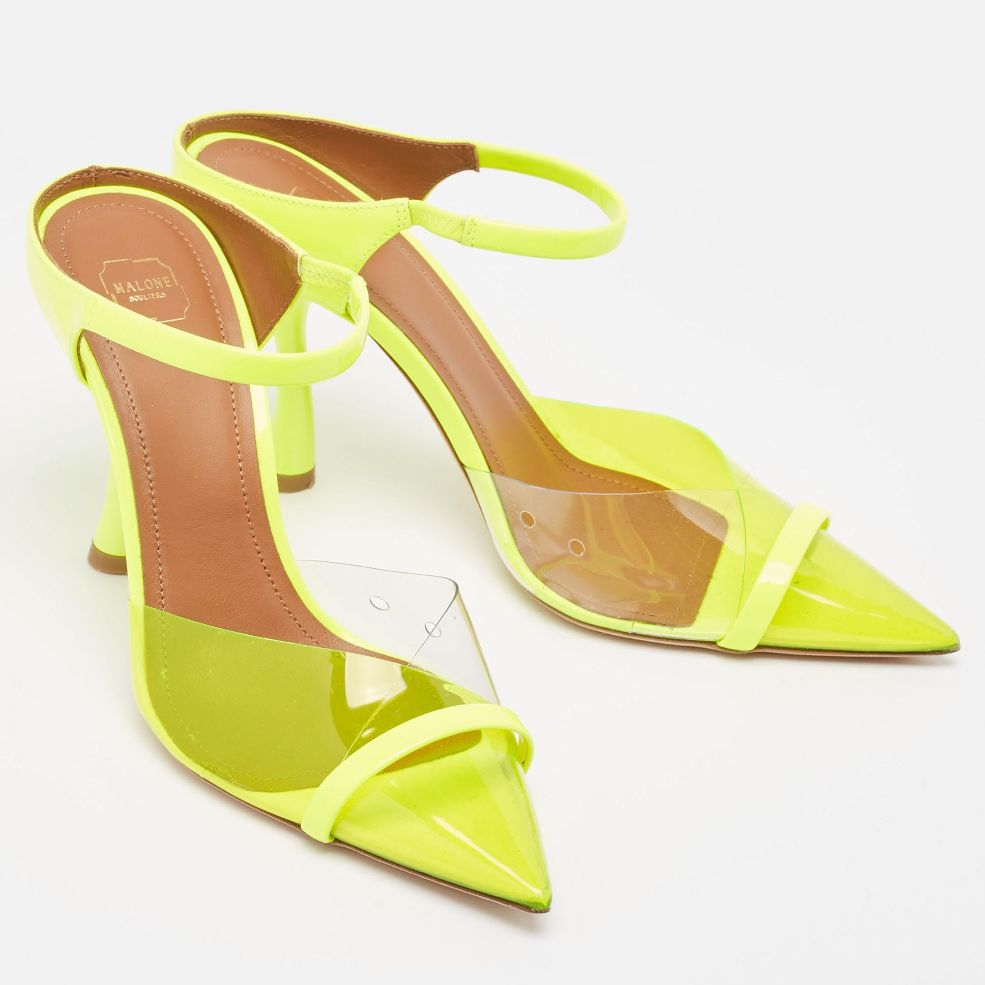 Women's Malone Souliers Neon Yellow Patent and PVC Iona Mules Size 37 For Sale