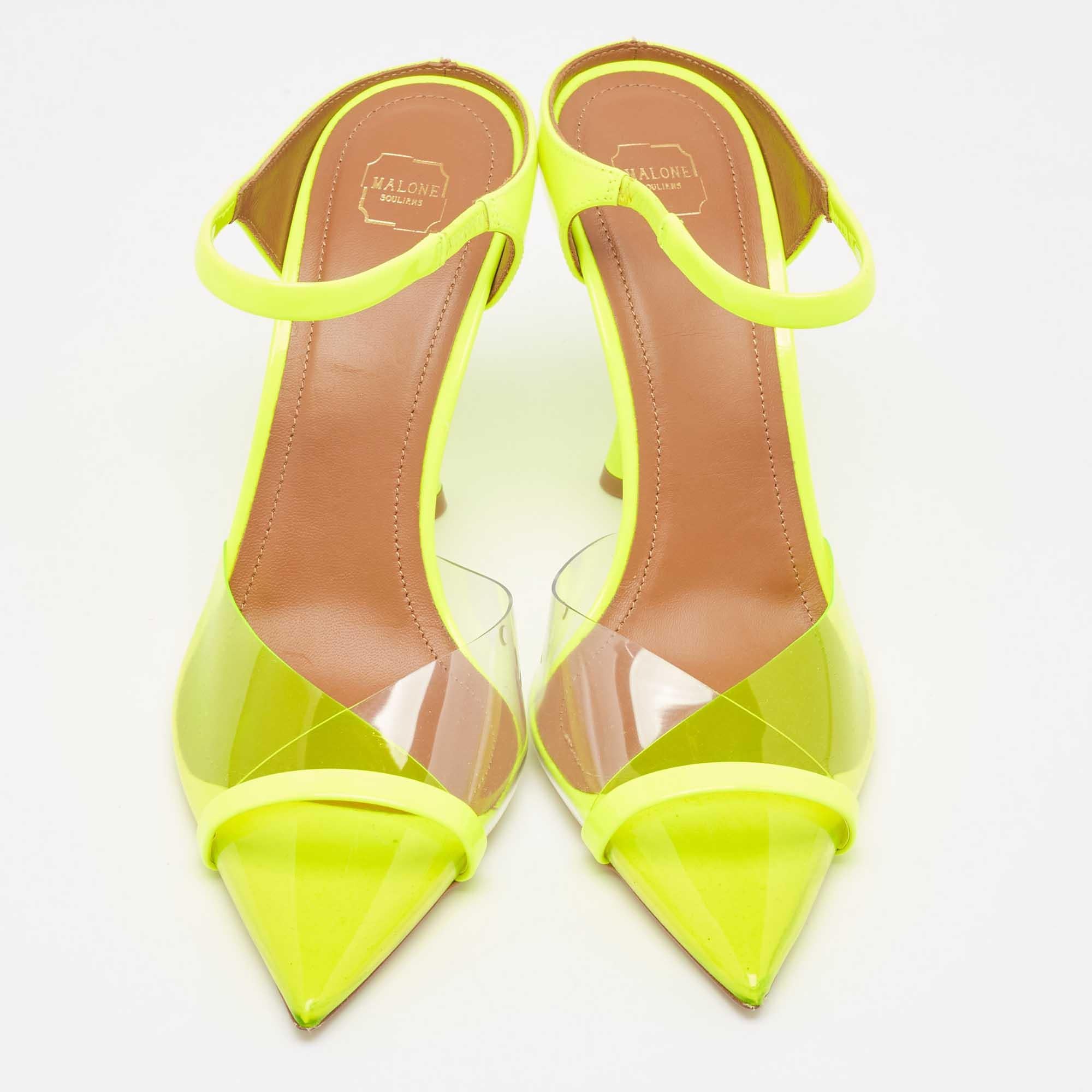 Malone Souliers Neon Yellow PVC and Patent Leather Iona Mules Size 38.5 In Fair Condition For Sale In Dubai, Al Qouz 2