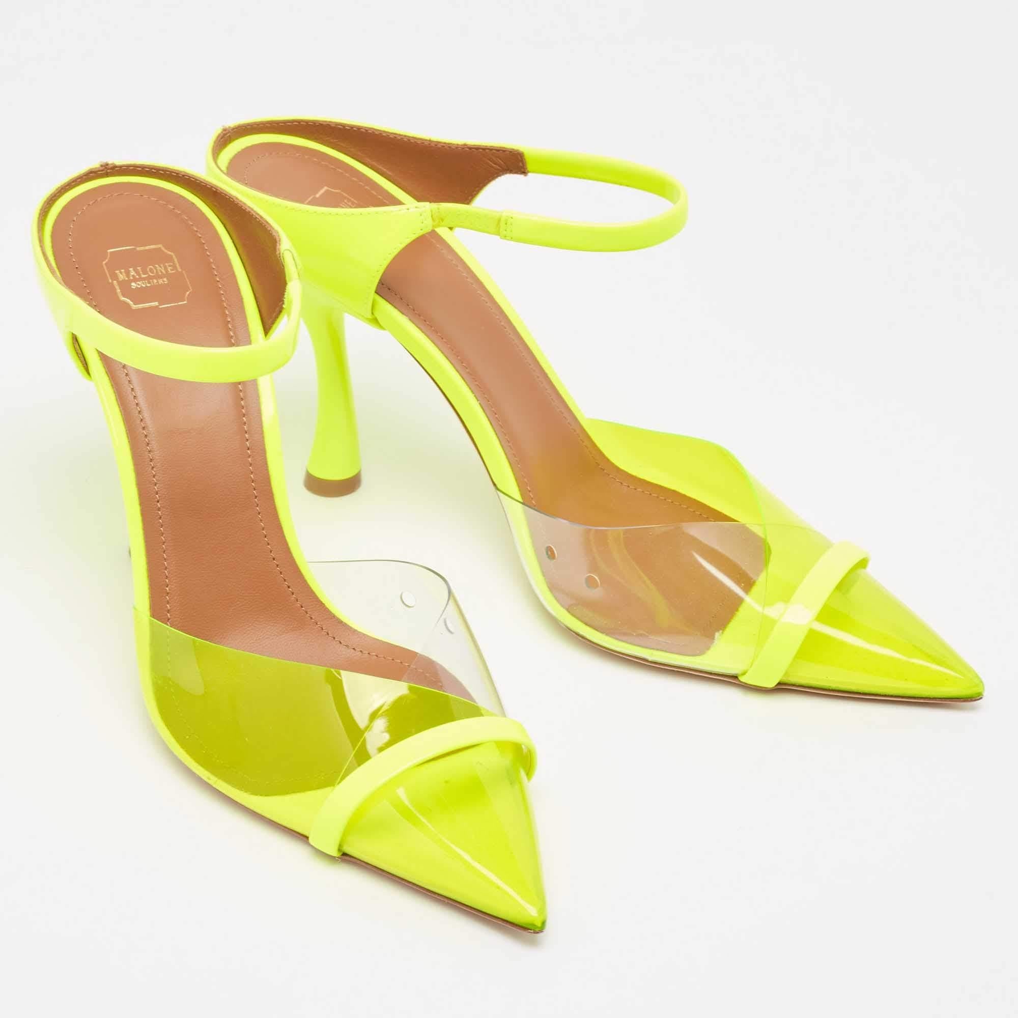 Women's Malone Souliers Neon Yellow PVC and Patent Leather Iona Mules Size 38.5 For Sale
