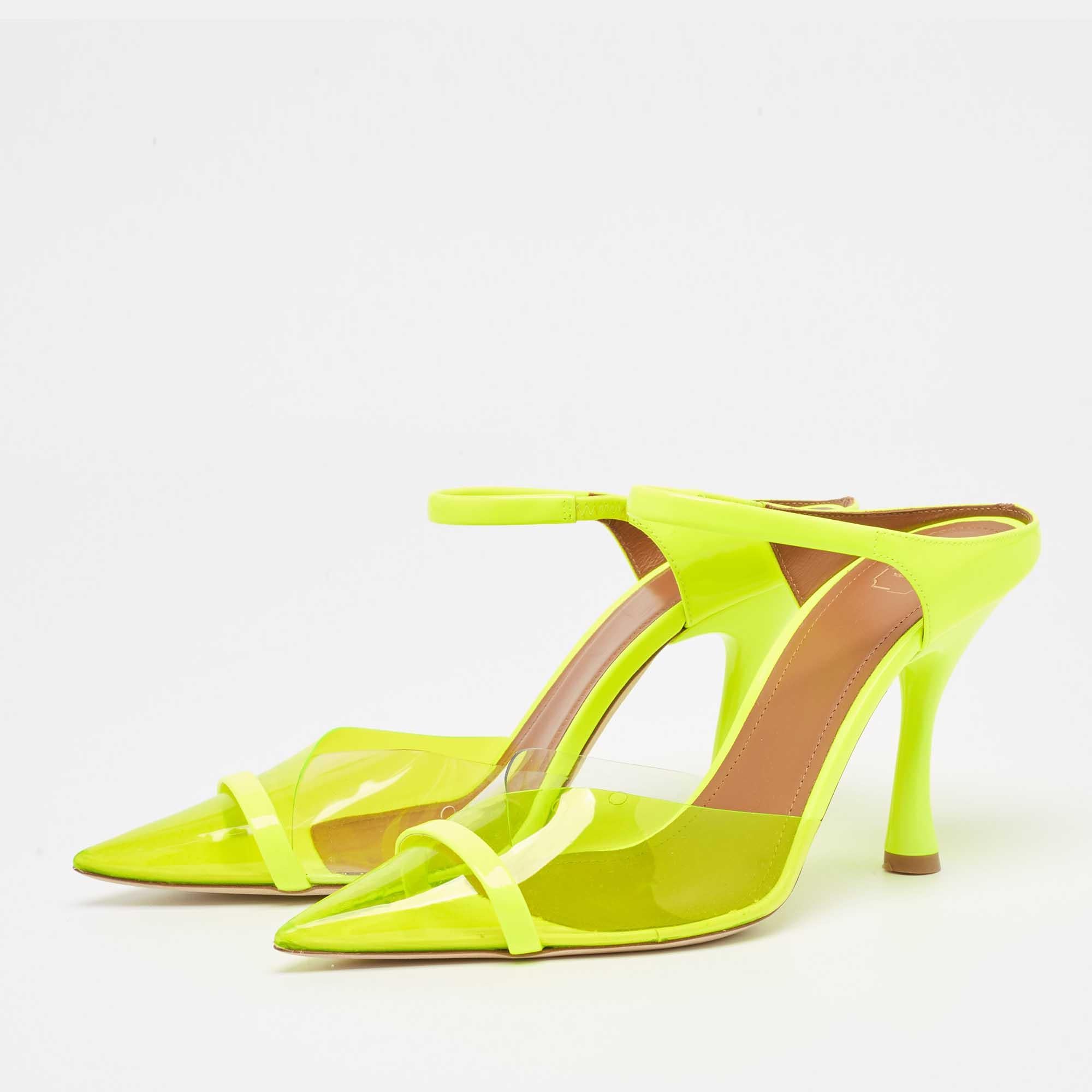 Malone Souliers Neon Yellow PVC and Patent Leather Lona Mules Size 38.5 For Sale 5