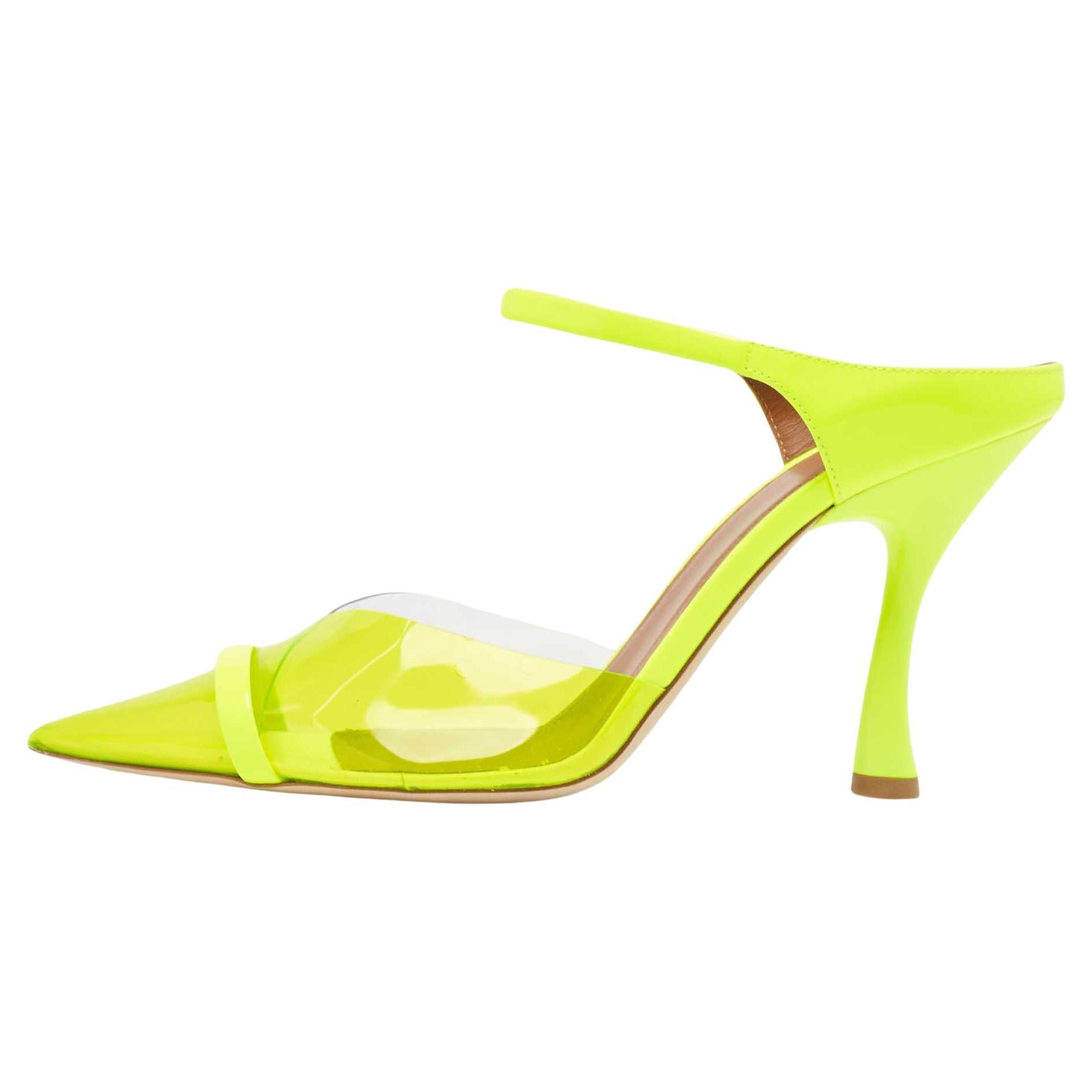 Malone Souliers Neon Yellow PVC and Patent Leather Lona Mules Size 38.5 For Sale