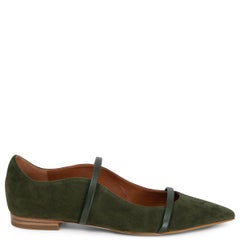 MALONE SOULIERS olive green suede MAUREEN Ballet Flats Shoes 38.5