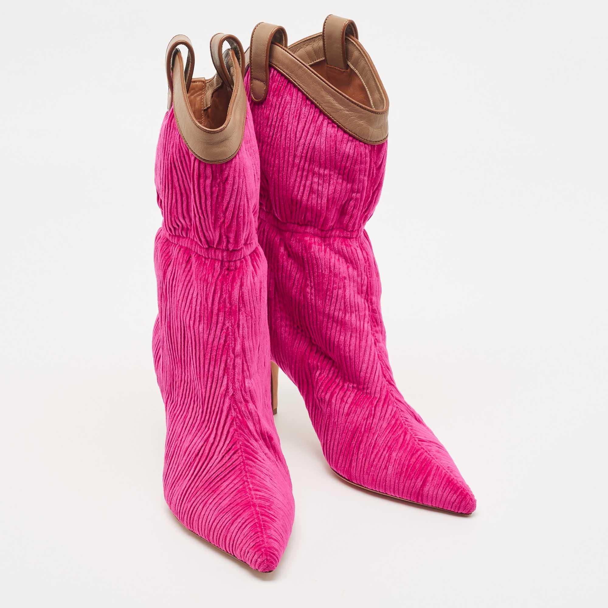 Red Malone Souliers Pink/Brown Pleated Velvet and Leather Mid Calf Boots  For Sale