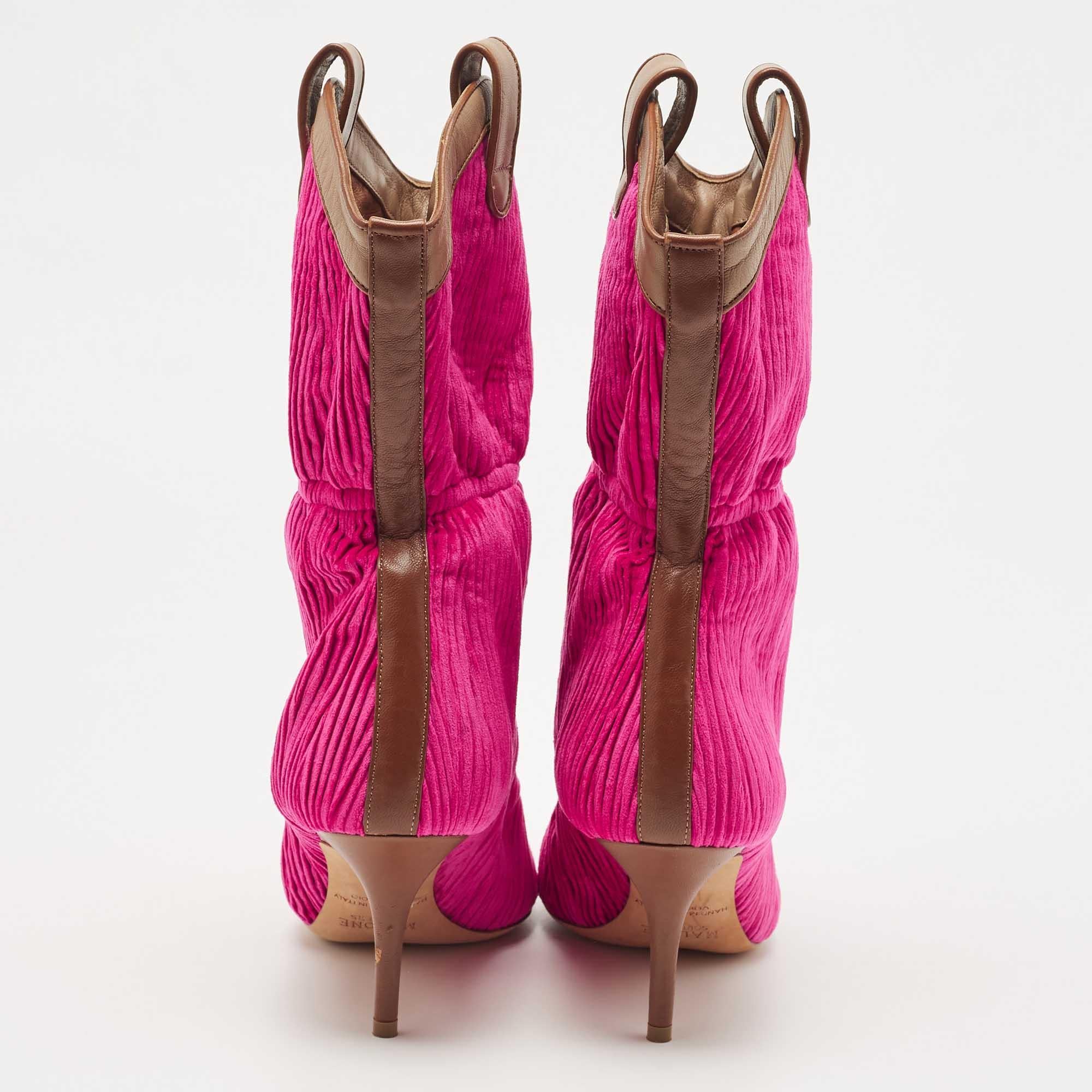 Malone Souliers Pink/Brown Pleated Velvet and Leather Mid Calf Boots  In Excellent Condition For Sale In Dubai, Al Qouz 2