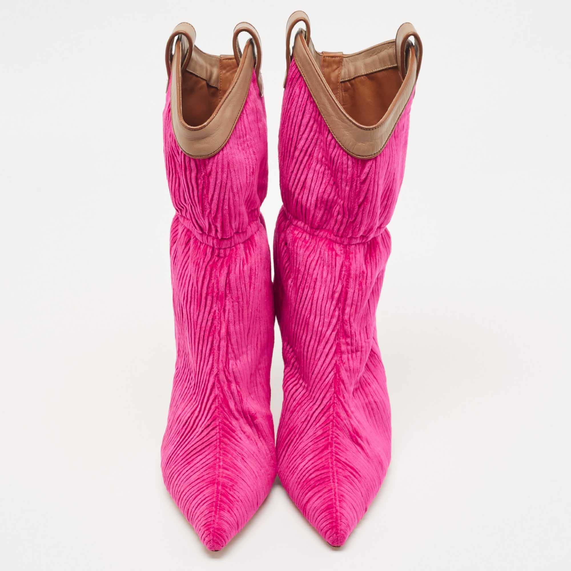 Malone Souliers Pink/Brown Pleated Velvet and Leather Mid Calf Boots  For Sale 1