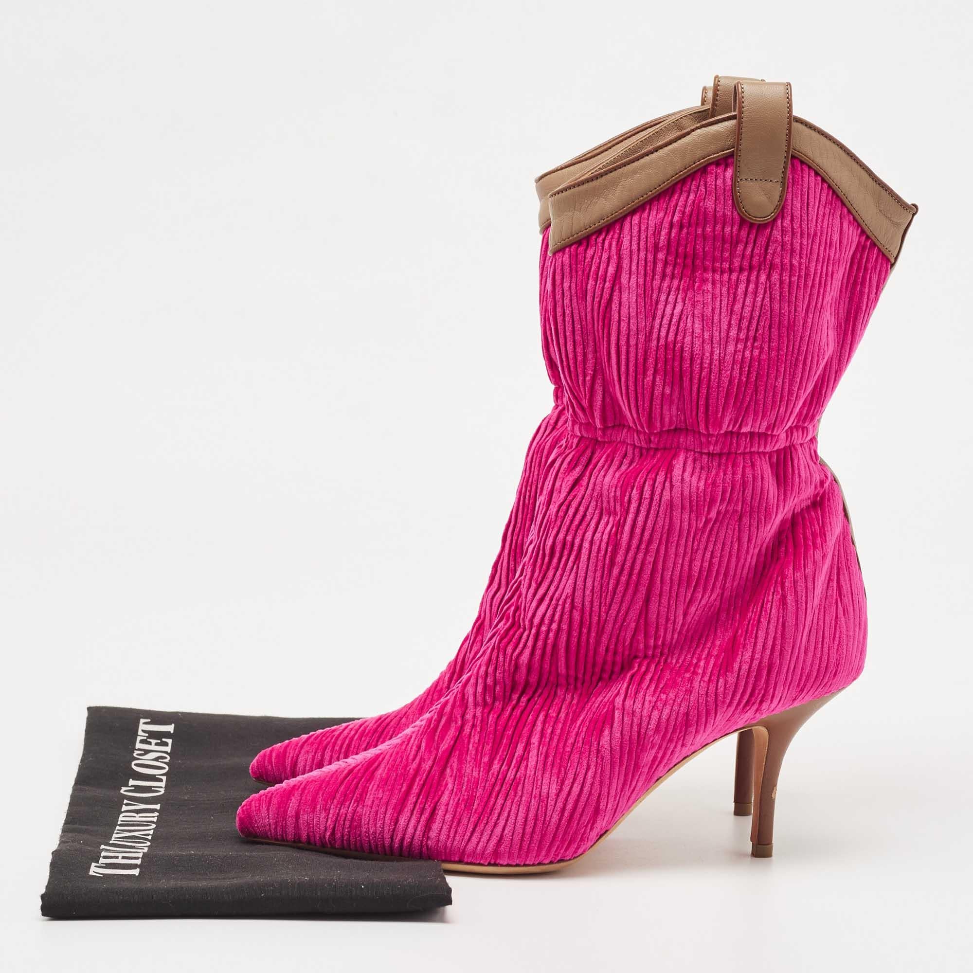 Malone Souliers Pink/Brown Pleated Velvet and Leather Mid Calf Boots  For Sale 4