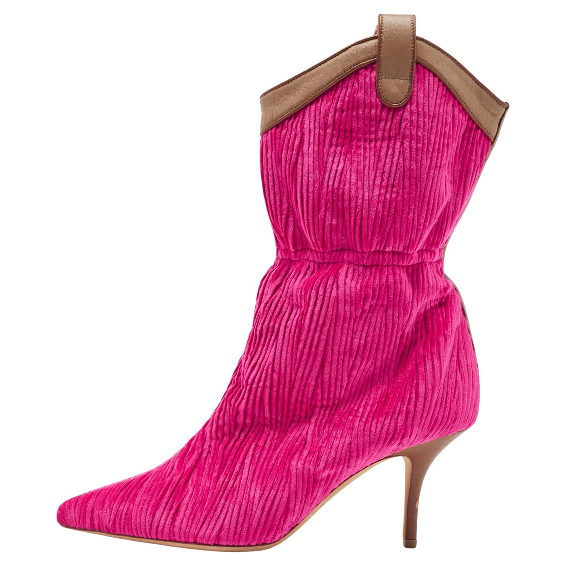 Malone Souliers Pink/Brown Pleated Velvet and Leather Mid Calf Boots  For Sale