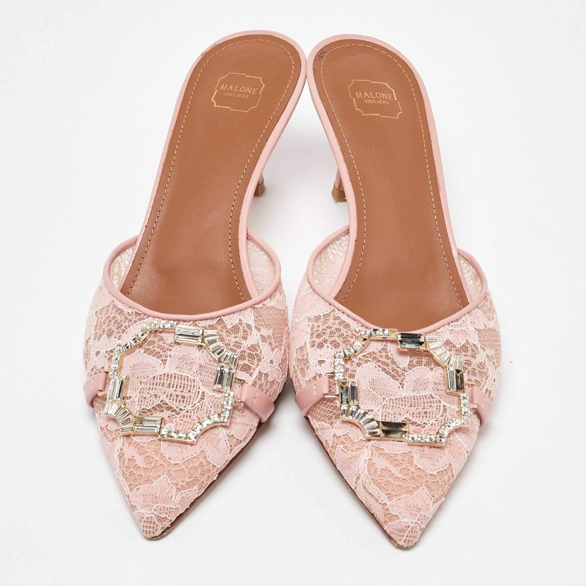 Beige Malone Souliers Pink Lace and Leather Mules Size 37.5 For Sale