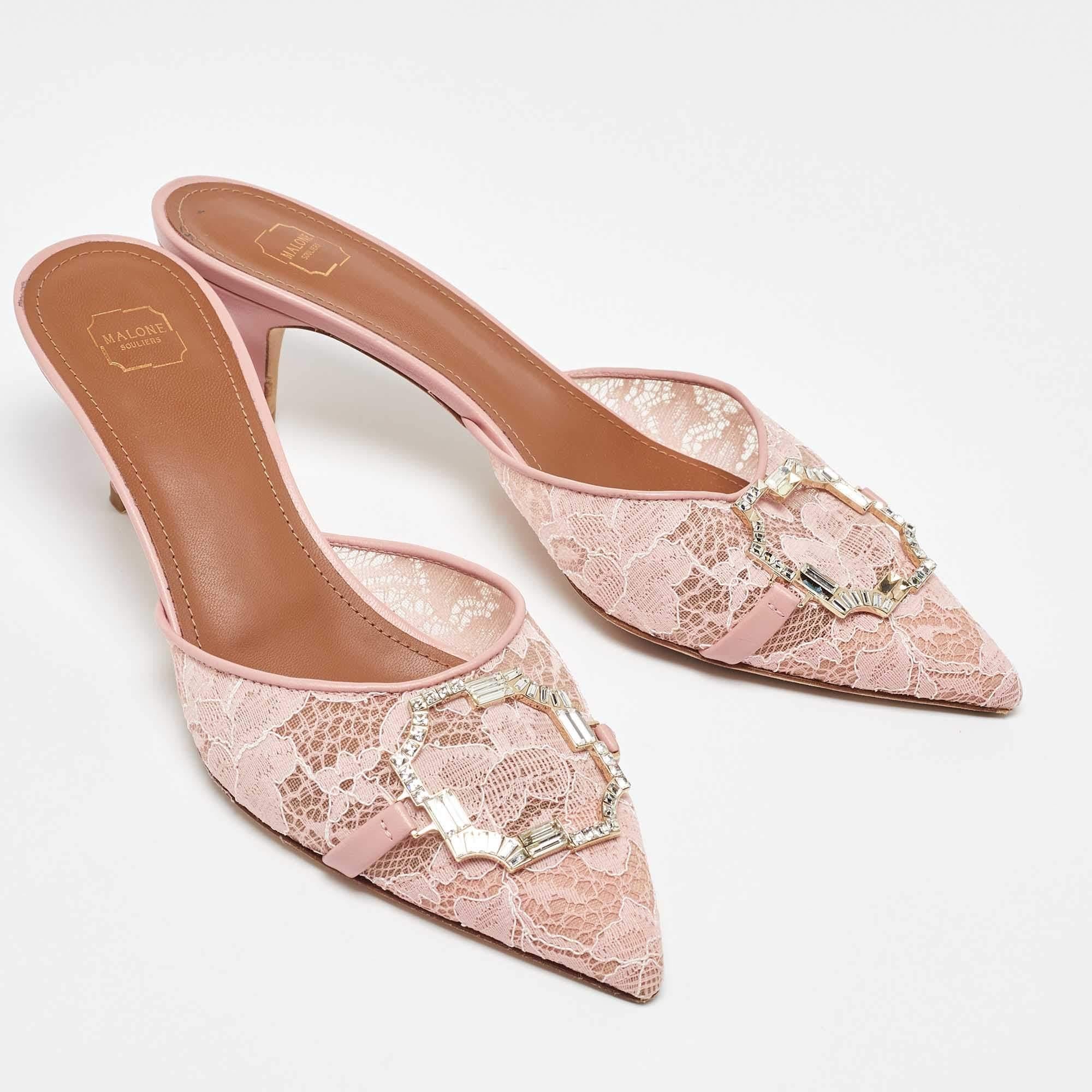 Malone Souliers Pink Lace and Leather Mules Size 37.5 In Fair Condition For Sale In Dubai, Al Qouz 2