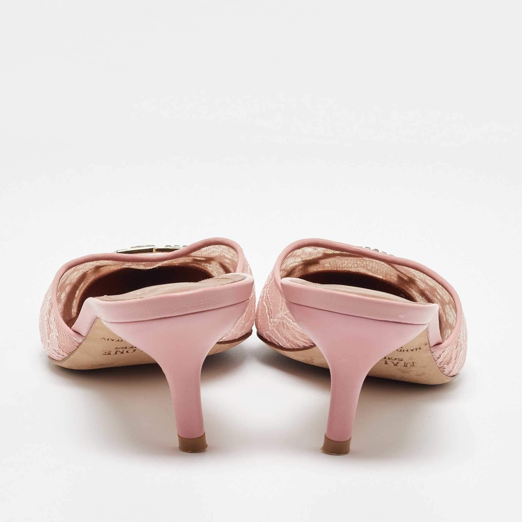 Women's Malone Souliers Pink Lace and Leather Mules Size 37.5 For Sale