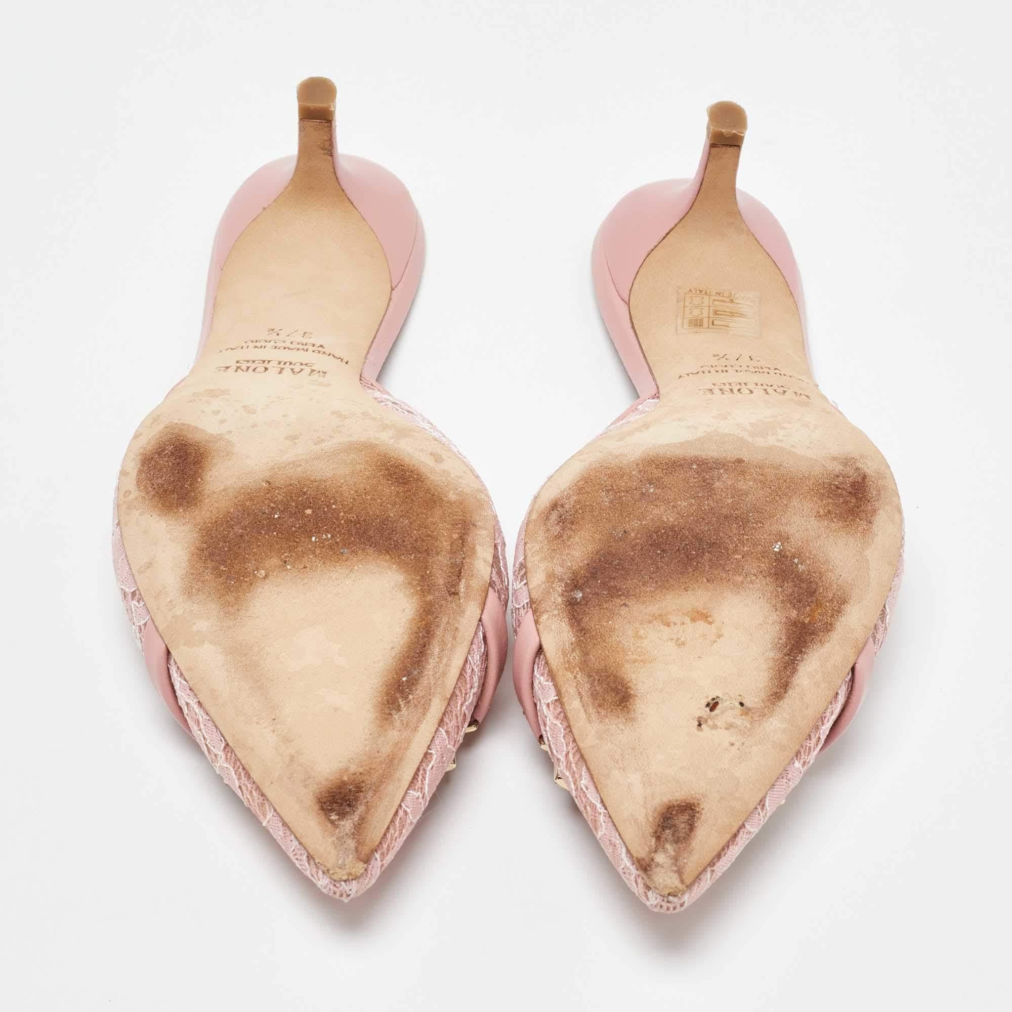 Malone Souliers Pink Lace and Leather Mules Size 37.5 For Sale 1