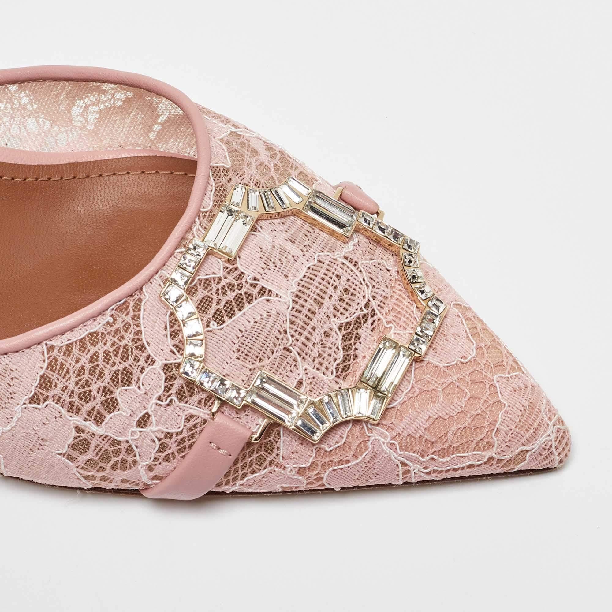 Malone Souliers Pink Lace and Leather Mules Size 37.5 For Sale 2