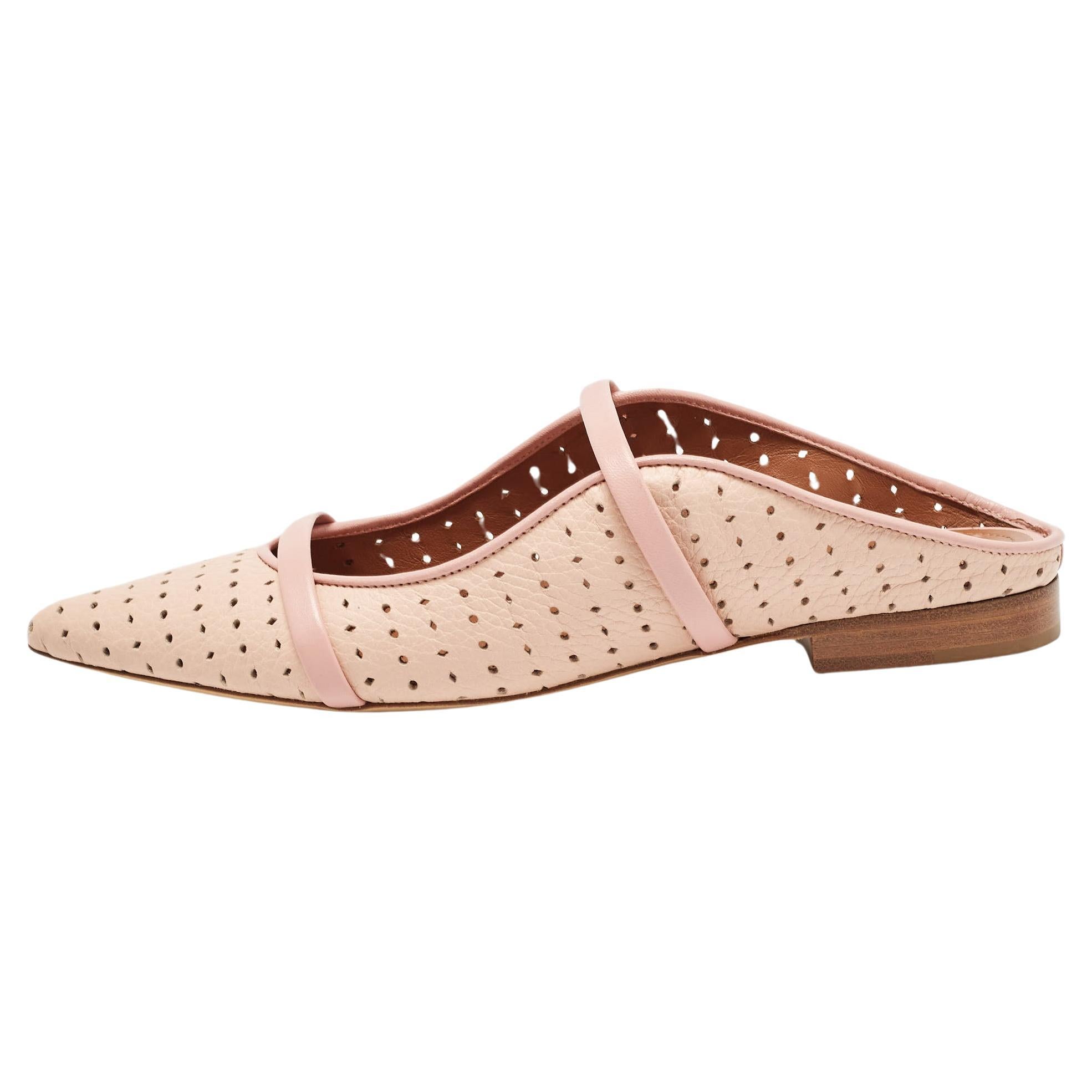 Malone Souliers Pink Perforated Leather Maureen Flat Mules Size 35 For Sale