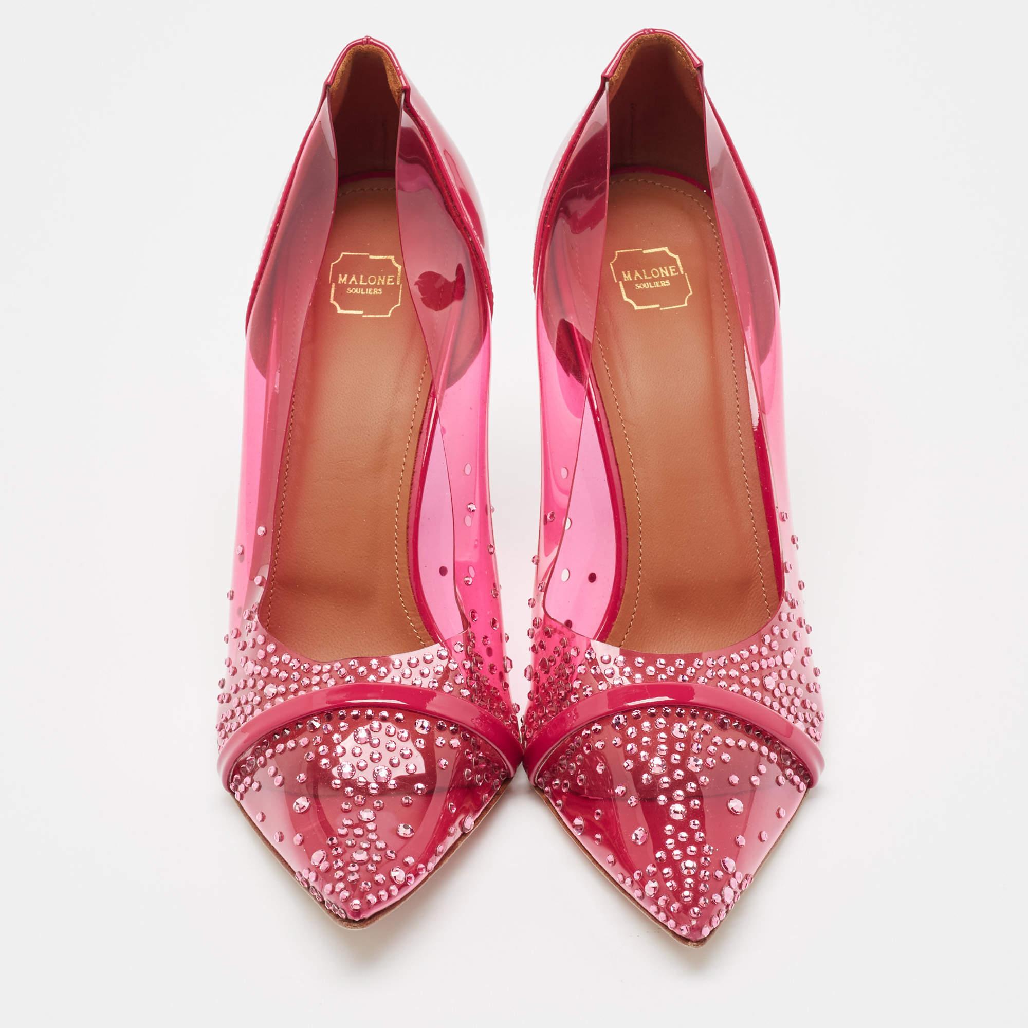 Malone Souliers Pink PVC and Patent Joan Crystal Embellished Pumps Size 40 In Good Condition In Dubai, Al Qouz 2