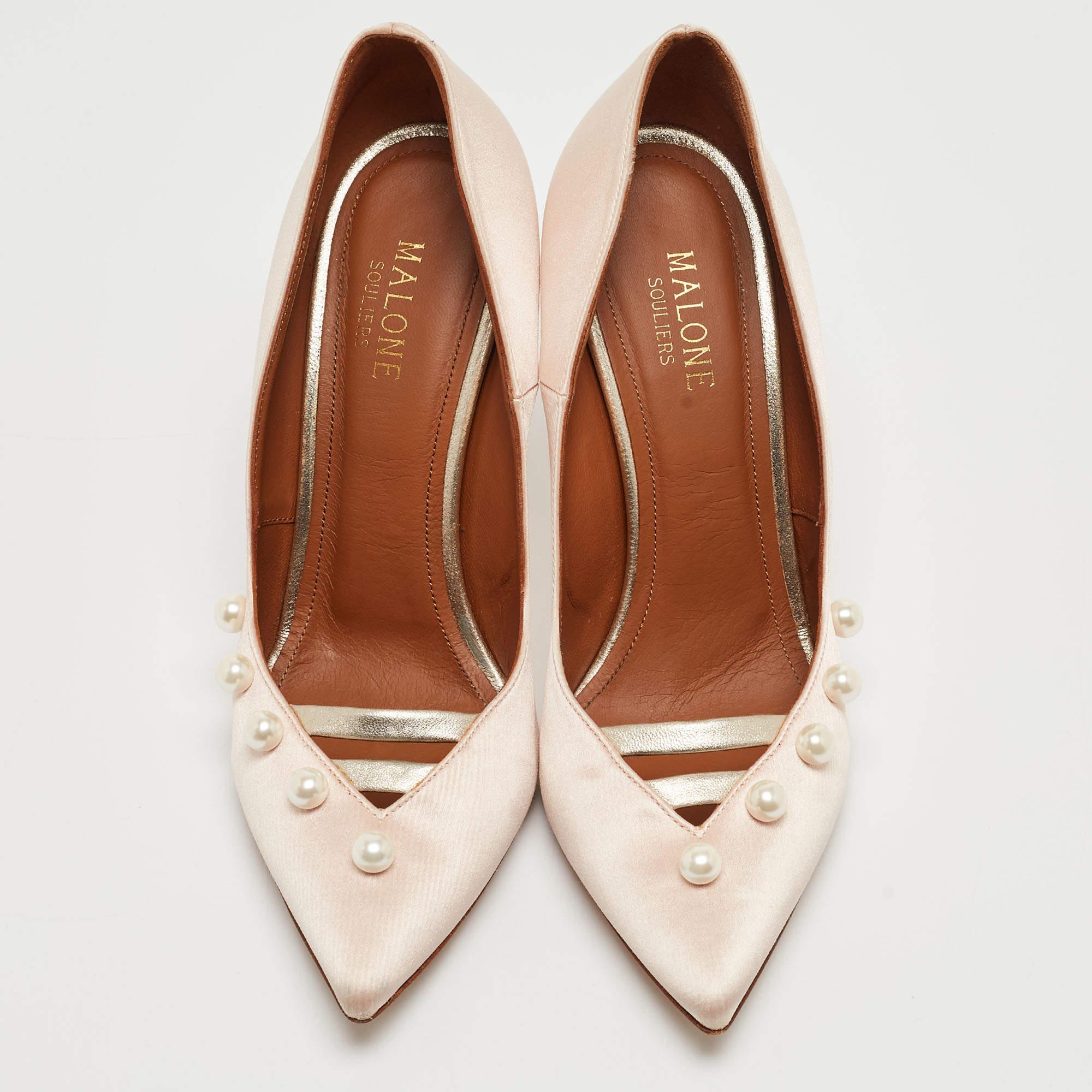 Beige Malone Souliers Pink Satin Pearl Embellished Zia Pumps Size 37.5 For Sale