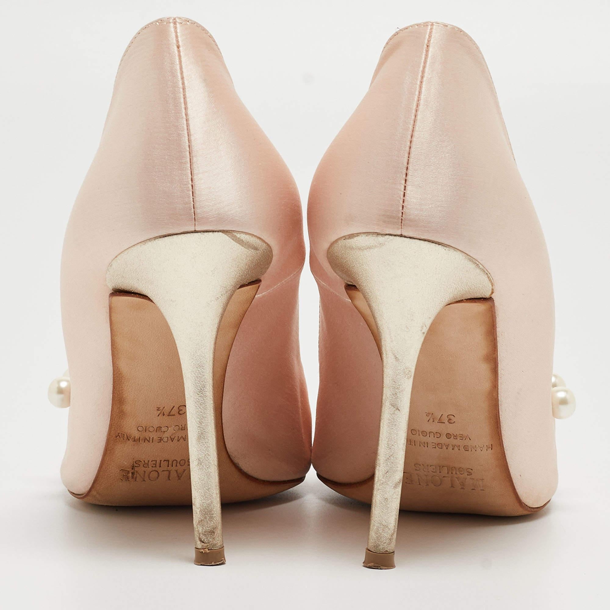 Women's Malone Souliers Pink Satin Pearl Embellished Zia Pumps Size 37.5 For Sale