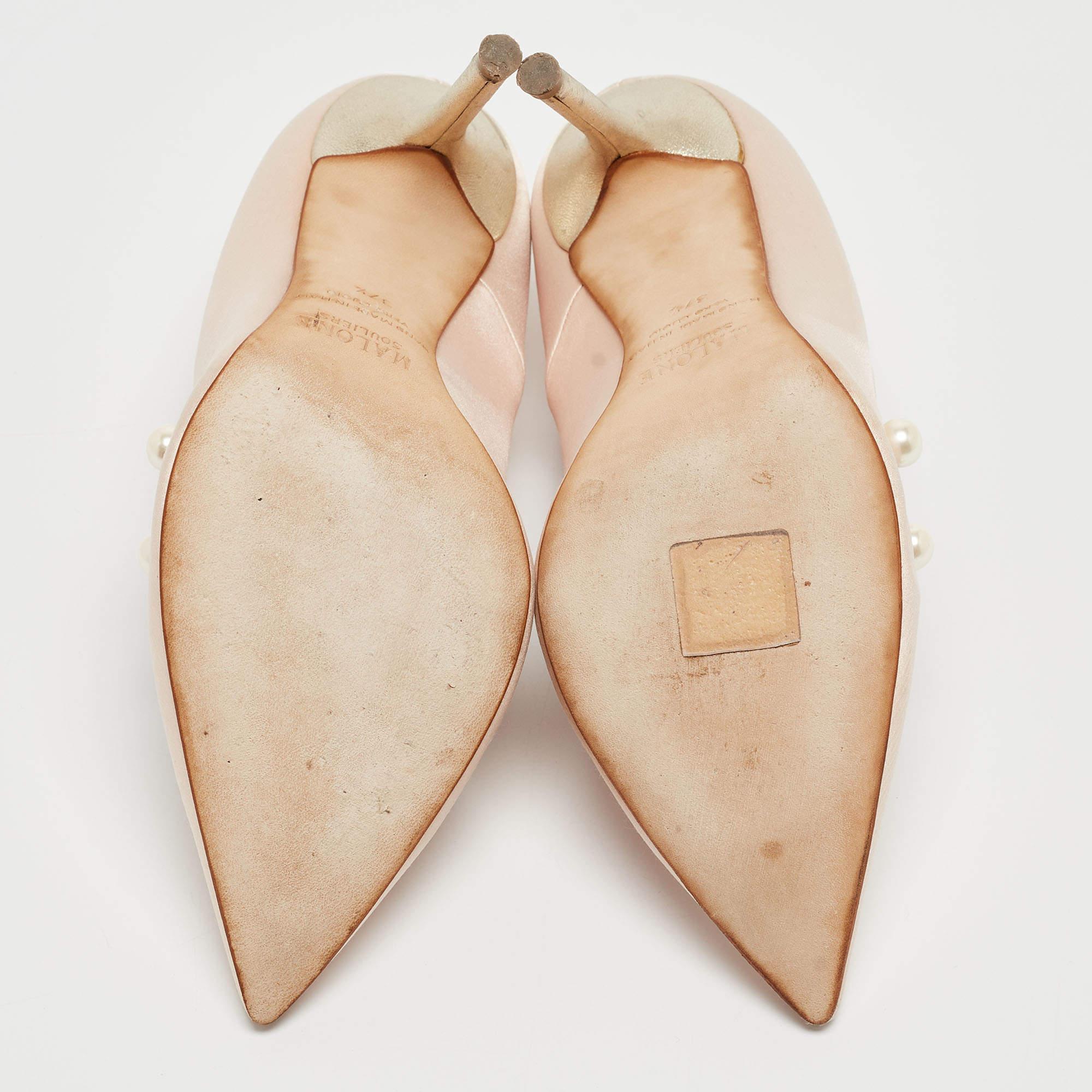 Malone Souliers Pink Satin Pearl Embellished Zia Pumps Size 37.5 For Sale 1