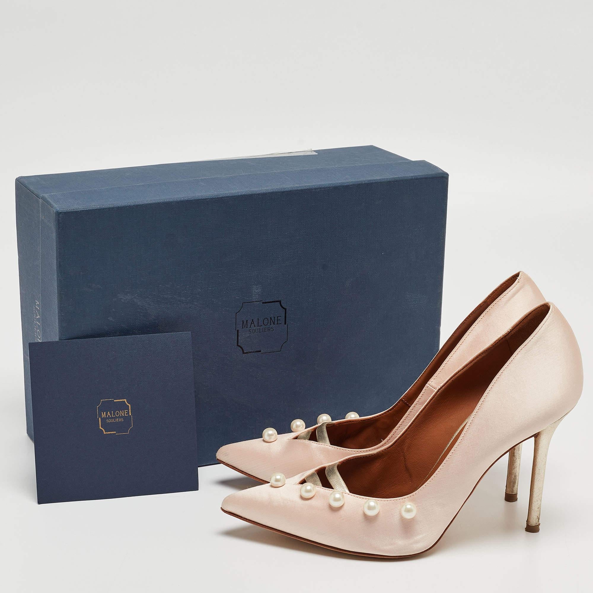 Malone Souliers Pink Satin Pearl Embellished Zia Pumps Size 37.5 For Sale 4