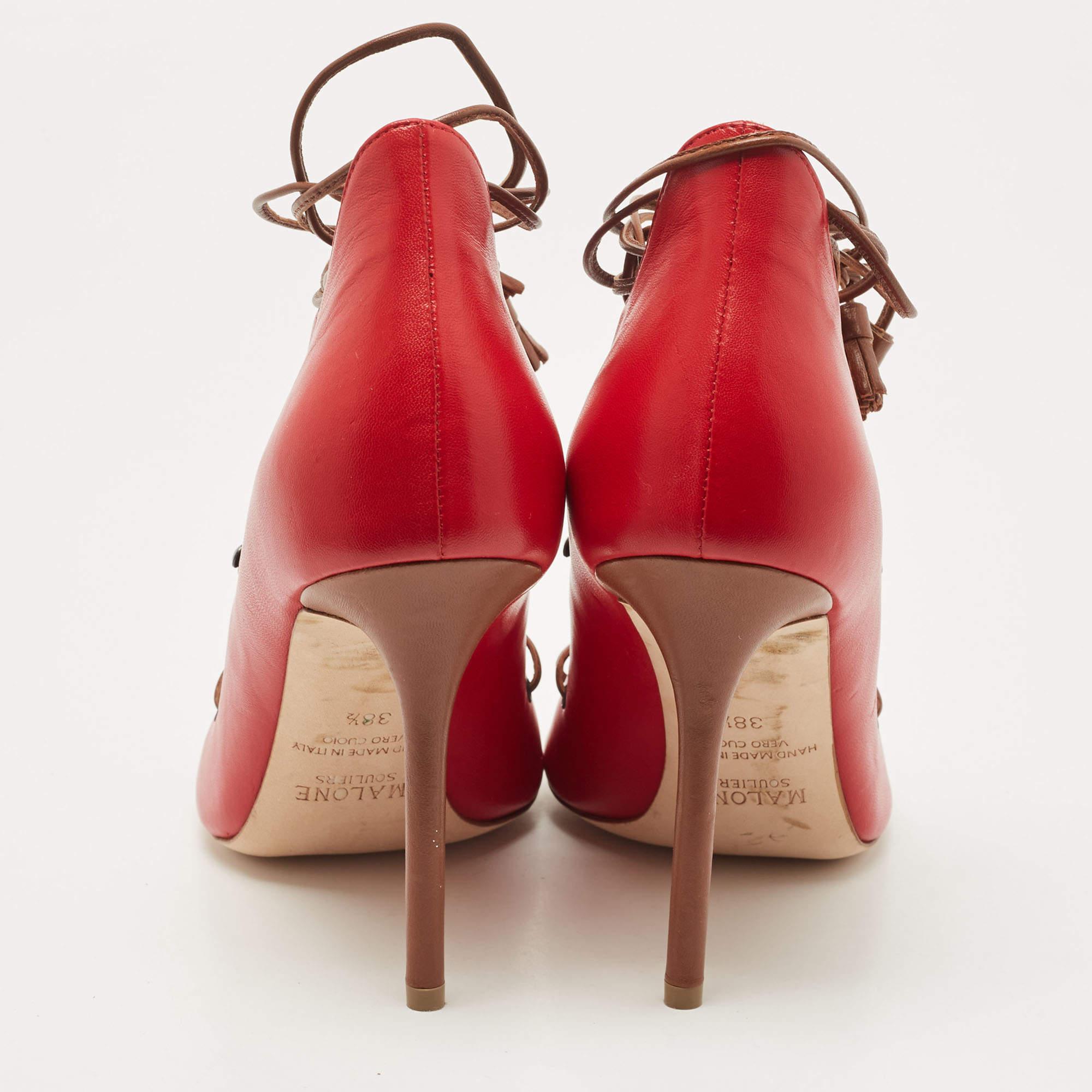 Malone Souliers Red Leather Lace Up Pumps Size 38.5 In Excellent Condition In Dubai, Al Qouz 2