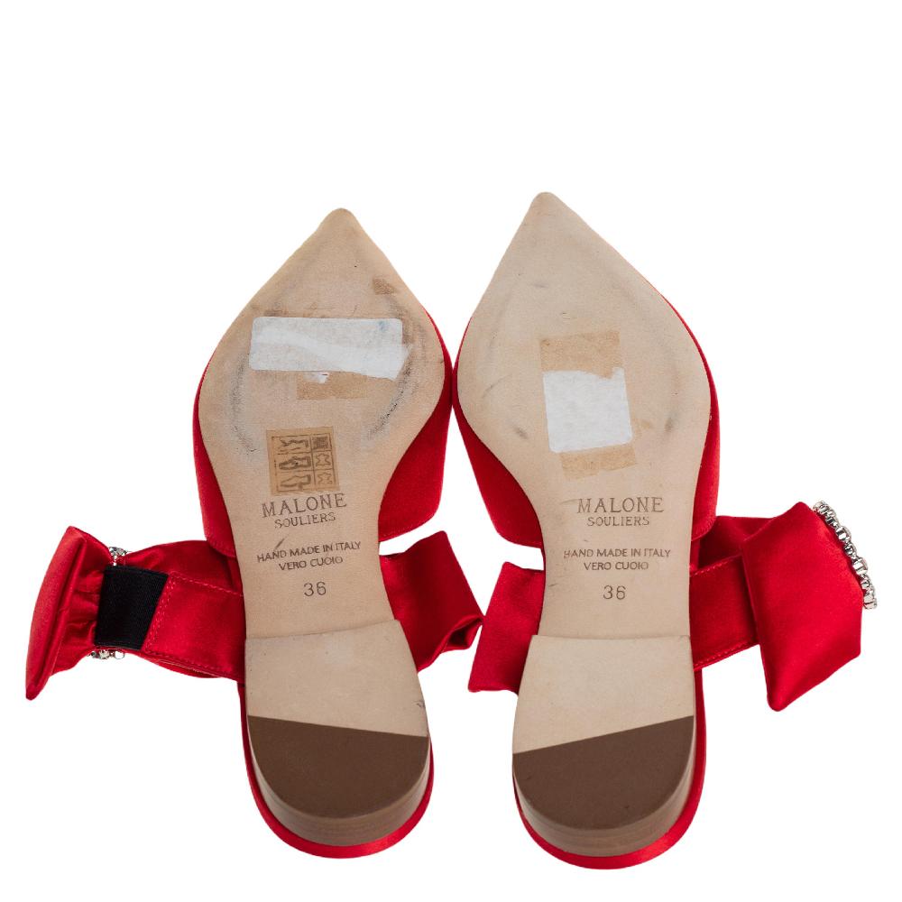 Malone Souliers Red Satin Maite Crystal Buckle Flats Size 36 1